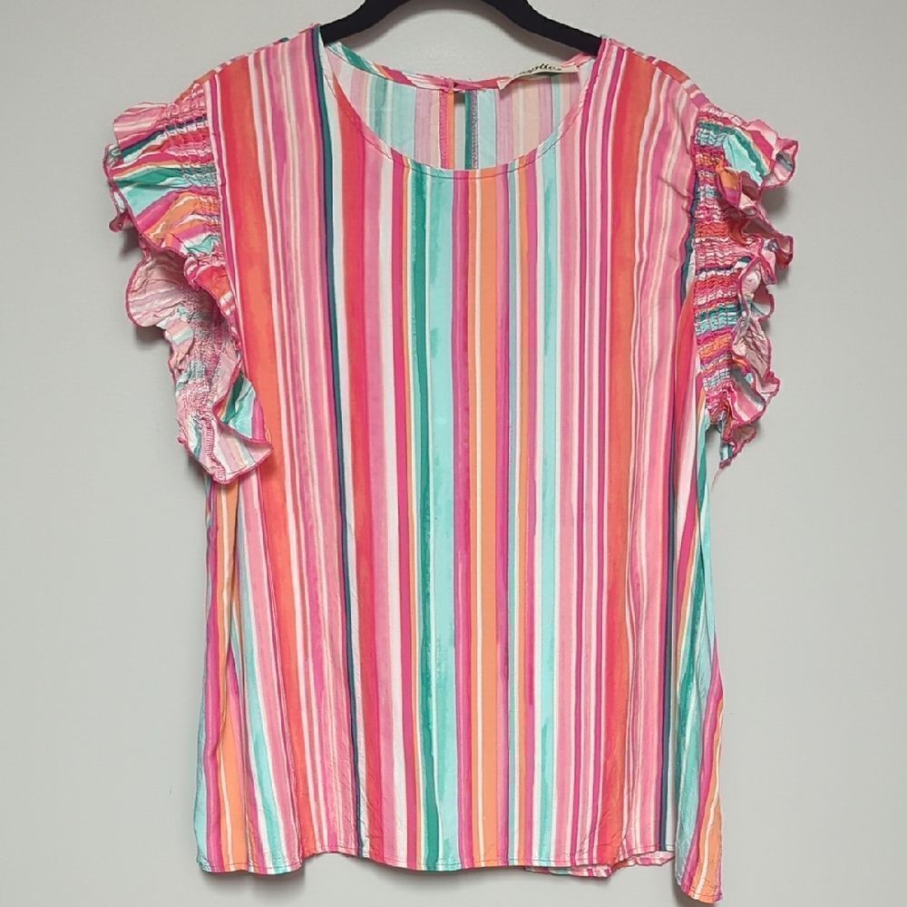 Playful Pink and Green Ruffled Short Sleeve Blouse